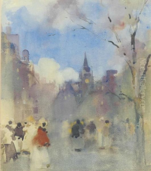 Figures On The Royal Mile, Edinburgh With St. Giles' Cathedral In The Distance Oil Painting by James Watterston Herald