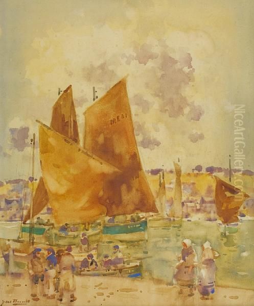 Ferryden Harbour Oil Painting by James Watterston Herald