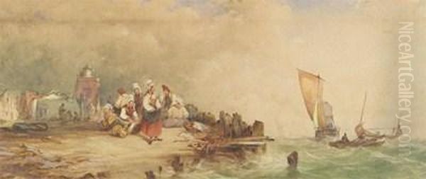 Fisherfolk Waiting For The Fleet Oil Painting by Alfred Herbert