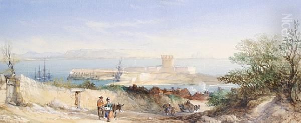 St Aubin's Bay And Castle, Jersey Oil Painting by Alfred Herbert