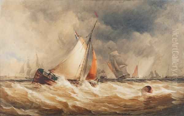 Sailing Vessels On A Rough Sea Oil Painting by Alfred Herbert