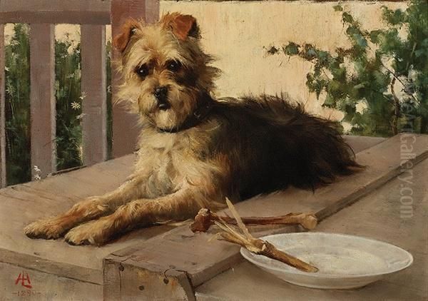 Australian Terrier On A Packing Crate In Garden Oil Painting by Lucien Henry Herbert