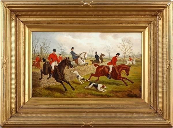 Huntsmen Clearing A Stone Wall Oil Painting by Edward Benjamin Herberte