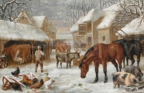 A Farmyard In Winter Oil Painting by Edward Benjamin Herberte