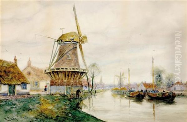 Windmills Along Oil Painting by George Linton Herdle