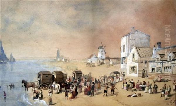 Bathing Huts And Fisherfolk On The Beach Near Liverpool Oil Painting by William Gawin Herdman