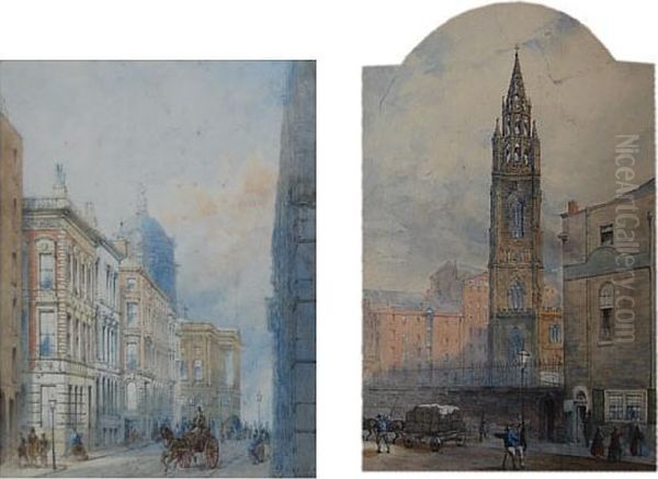 St. Nicholas Church, Liverpool, And Another Thought To Be Of Liverpool Town Hall From Water Street, A Pair Oil Painting by William Gawin Herdman