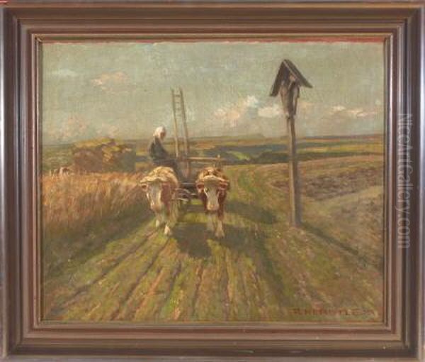 Bauerin Auf Einem Leeren Ochsenfuhrwerk Bei Einem Wegkreuz Am Kornfeld Oil Painting by Richard Herdtle