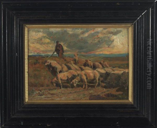 Herding The Flock Under Pink Skies Oil Painting by Jules Hereau