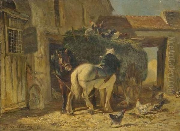 Chevaux A La Charrette Oil Painting by Jules Hereau