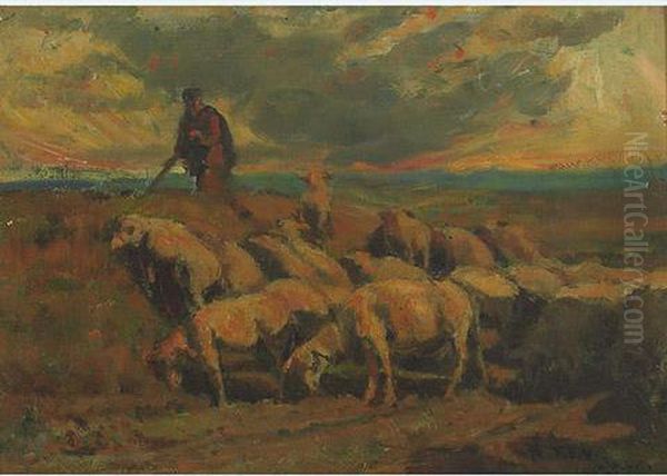 Herding The Flock Under Pink Skies Oil Painting by Jules Hereau