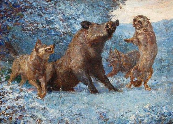 Sanglier Attaque Par Des Loups. Oil Painting by Rene Herisson