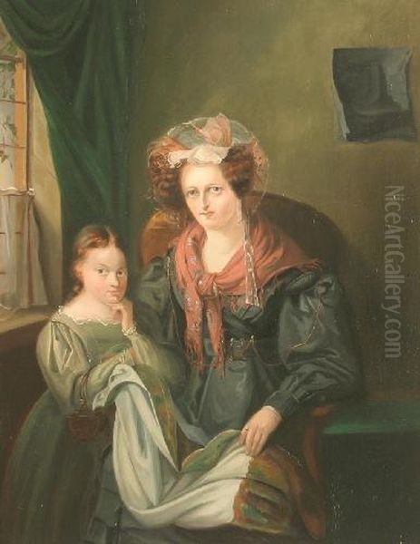 Portrait Einer Mutter Mit Tochter In Biedermeierkleidung Oil Painting by Friedrich August Herkendell