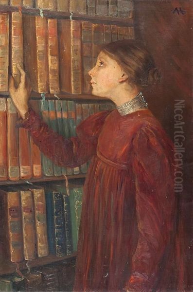 Junge Bibliothekarin In Rotem Reformkleid Oil Painting by Agathe Hermann