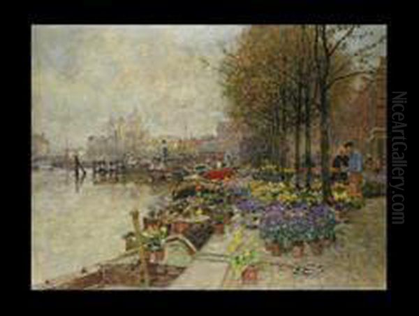 Blumenmarkt In Amsterdam Oil Painting by Hans Hermann