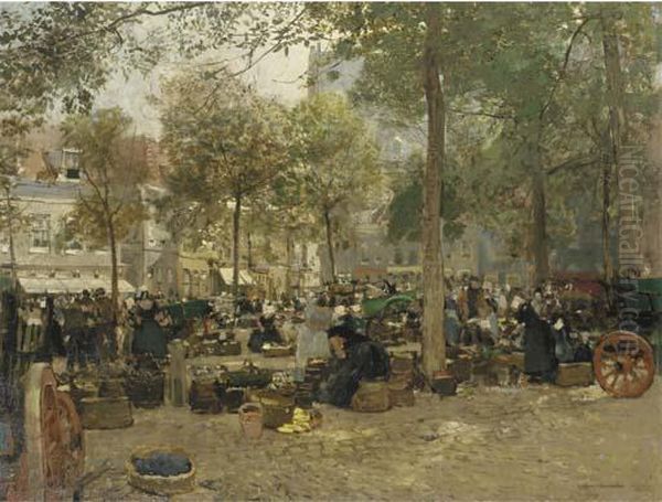 Markt In Vlissingen: A Busy Market Oil Painting by Hans Hermann