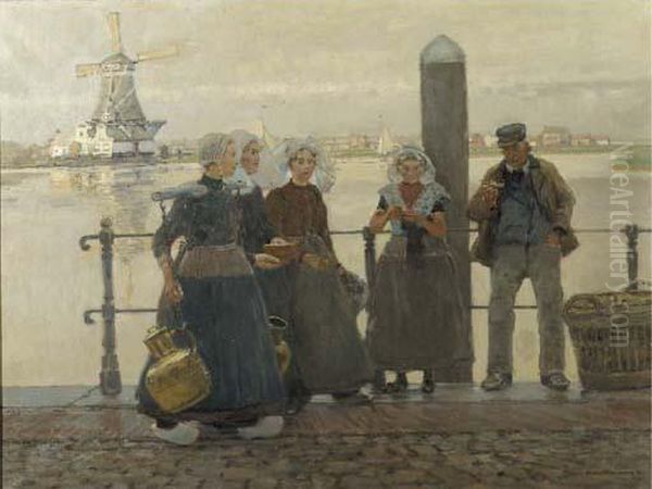 Bei Dordrecht: Fisherfolk Conversing On A Quay Oil Painting by Hans Hermann