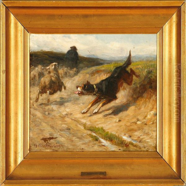 A Dog Chasing A Sheep Oil Painting by Leon-Charles Hermann