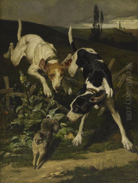 Deux Chiens Poursuivant Un Lapin Oil Painting by Leon-Charles Hermann