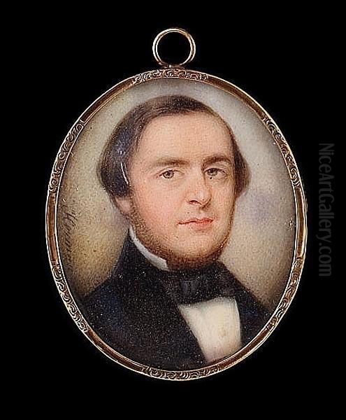 A Miniature Portrait Of A Bearded Gentleman, Wearing A Black Coat And Stock Oil Painting by Louis-Theodore Hermann