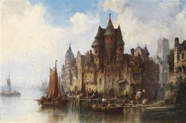 Harbour Scene Oil Painting by Ludwig Herrmann