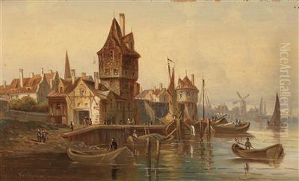 Dutch Harbour Promenade Oil Painting by Ludwig Herrmann