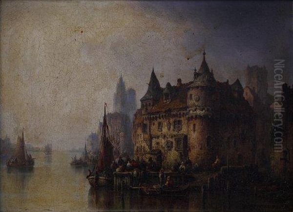 Quay On A River, A Cathedral Beyond Oil Painting by Ludwig Herrmann