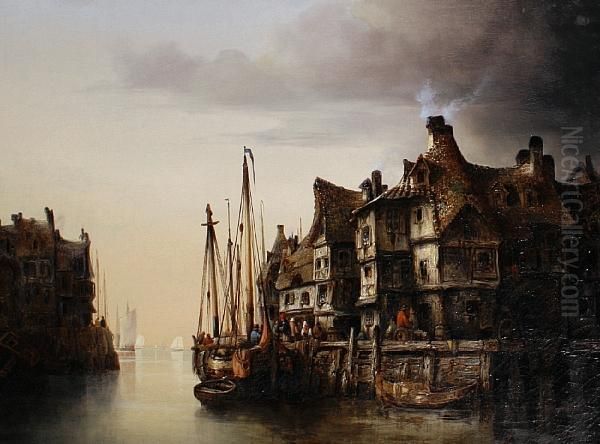 Dutch Canal Scene Oil Painting by Ludwig Herrmann