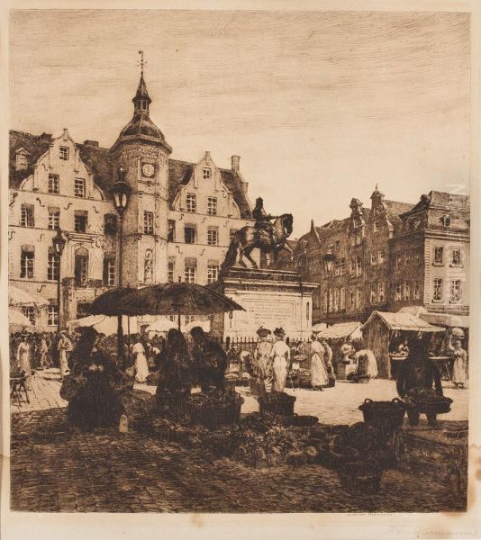 Markt Auf Dem Dusseldorfer Rathausplatz Oil Painting by Heinrich Hermanns