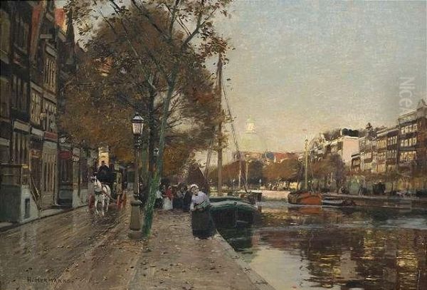 At A Town Canal In Amsterdam. Oil Painting by Heinrich Hermanns