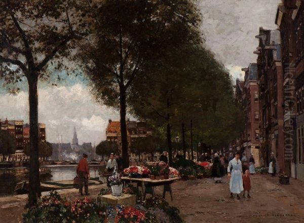 Flower Market On The Singel Inamsterdam Oil Painting by Heinrich Hermanns