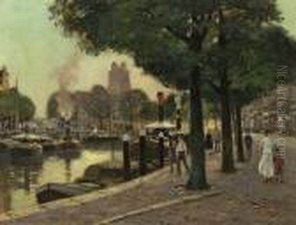 Gracht In Dordrecht Mitblick Auf Die Grote Kerk Oil Painting by Heinrich Hermanns