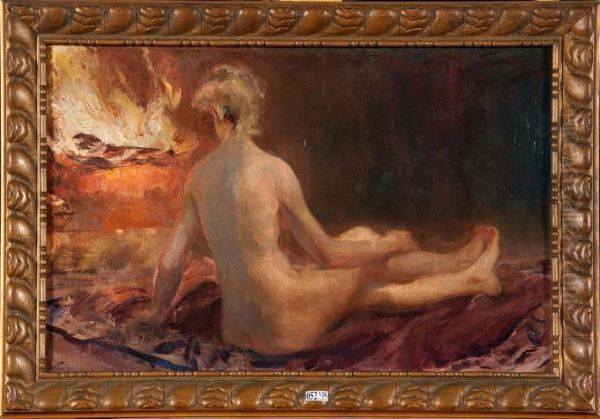 Jeune Femme Nue Devant Le Foyer Oil Painting by Charles Hermans