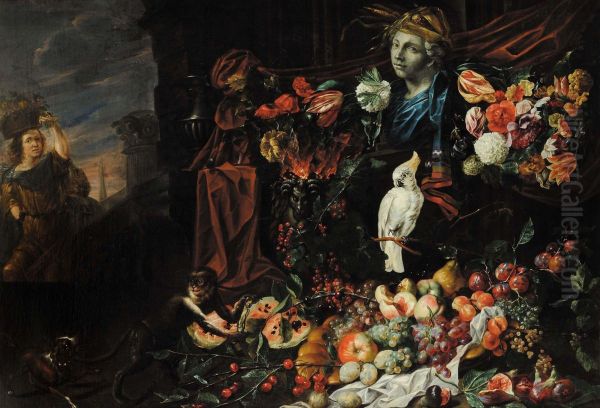 Detto Monsu' Aurora Fiori E Frutta Con Cane, Scimmia E Pappagallo Oil Painting by Johannes Hermans