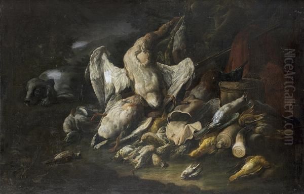 Trophee De Chasse D'oiseaux Surpris Par Un Chien Oil Painting by Johannes Hermans