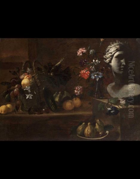 Natura Morta Con Fiori Frutta E Busto Marmoreo Oil Painting by Johannes Hermans