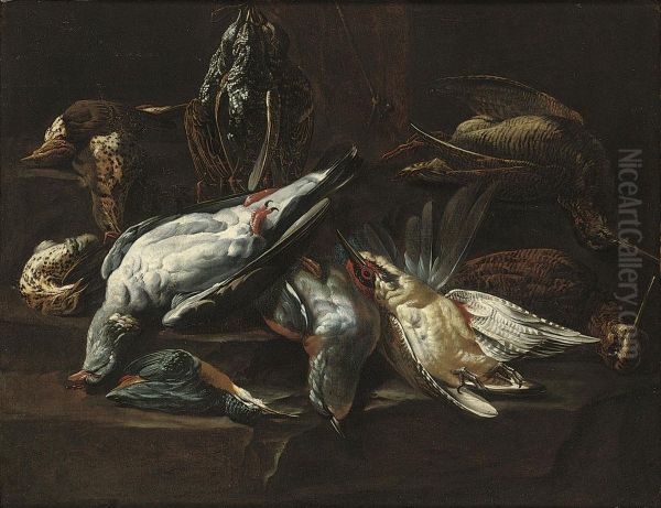 A Dead Kingfisher, Woodcocks And Other Game On A Draped Table Oil Painting by Johannes Hermans