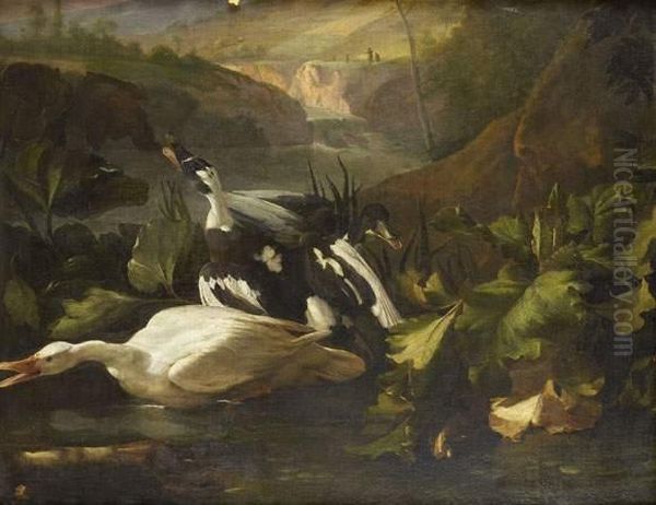 Canards Au Bord De La Riviere Oil Painting by Johannes Hermans