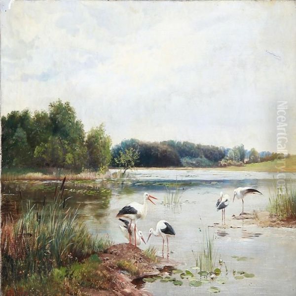 Landscape With Storks Oil Painting by Olaf August Hermansen