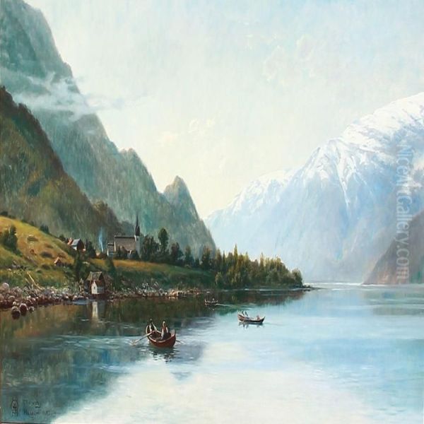 Rowing Boats On Hardanger Fiord In Norway With Snowy Mountains In The Background Oil Painting by Olaf August Hermansen