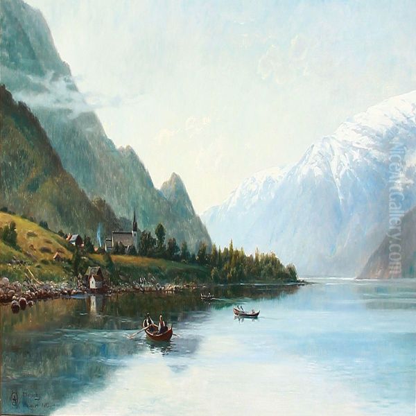 Rowing Boats On The Hardangerfjord In Norway With Snowy Mountains In The Background Oil Painting by Olaf August Hermansen