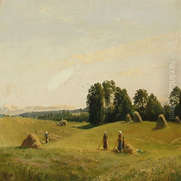 Harvest Scene From Dronninggaard, Denmark Oil Painting by Olaf August Hermansen