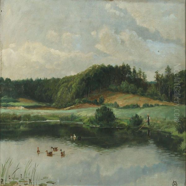 Landscape With Lake, Ordrup Mose Oil Painting by Olaf August Hermansen