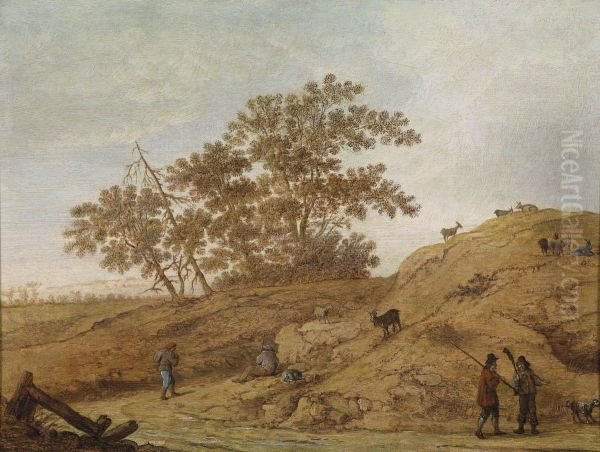 A Dune Landscape With Wanderers Andgoats Oil Painting by Jan Hermansz Vinck