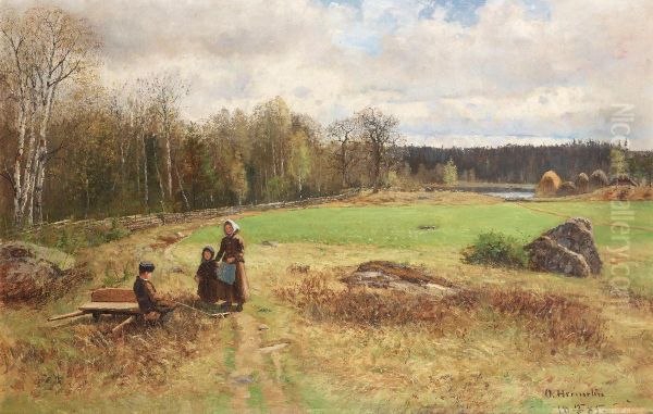 Spring Landscape With Figures Oil Painting by Olof Hermelin