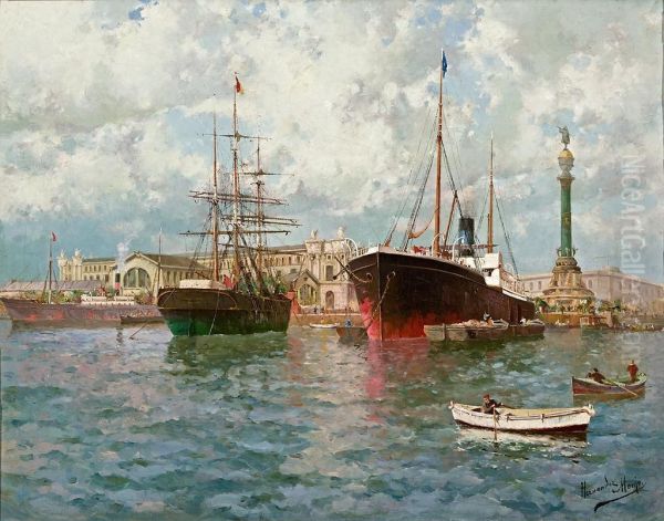 Vista Del Puerto De Barcelona Oil Painting by Francisco Hernandez Monjo