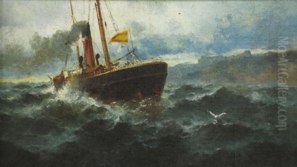 Barco En Mar Enbravecido Oil Painting by Francisco Hernandez Monjo