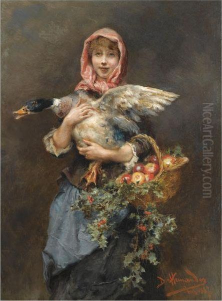 Muchacha Con Pato (the Duck Girl) Oil Painting by Daniel Hernandez Morillo