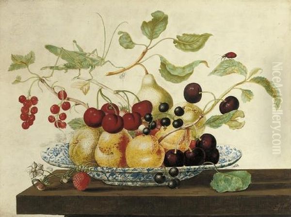 Still Life With A Grasshoper And A Ladybug Perched On Branches Arranged In A Delft Bowl With Cherries, Pears, Peaches, Blackcurrants, Redcurrants And Strawberries Oil Painting by Johanna Helena Herolt Graff