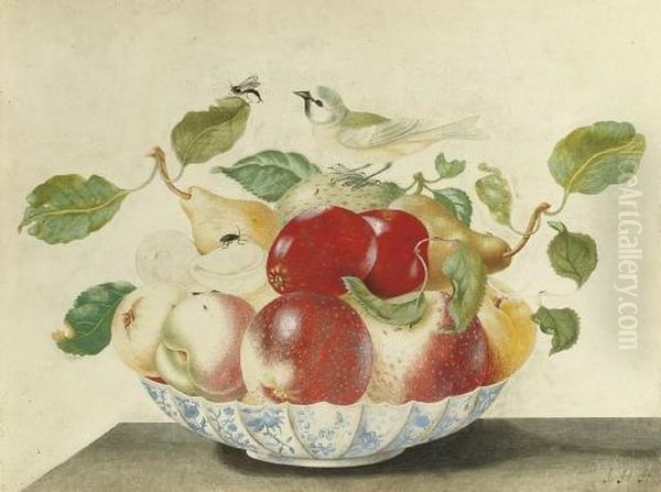 Still Life With A Bird And Insects On A Delft Bowl Containing Pears, Apples, Peaches And Apricots Oil Painting by Johanna Helena Herolt Graff